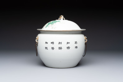A Chinese famille rose 'Peacock' covered bowl, a candlestick and a stembowl, Guangxu mark and of the period, 19/20th C.