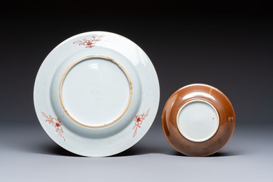 A Chinese famille rose 'Xi Xiang Ji' plate, a 'Rooster' saucer, and a 'Lowestoft' covered teapot, Yongzheng/Qianlong