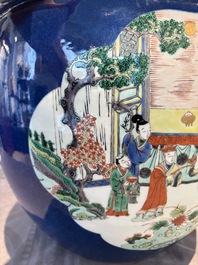 A Chinese famille verte blue-ground fishbowl with narrative design, 19th C.