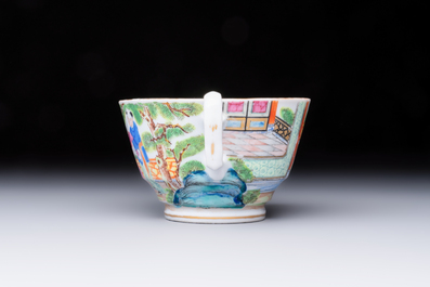 A highly unusual Chinese Canton famille rose cup and saucer, 19th C.