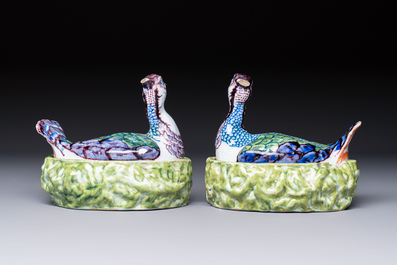 A pair of polychrome Dutch Delft 'Lapwings' tureens and covers, 18th C.