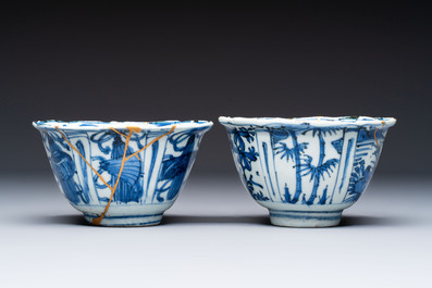 Two Chinese blue and white bowls and a 'Qilin' plate, Wanli/Transitional period