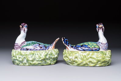 A pair of polychrome Dutch Delft 'Lapwings' tureens and covers, 18th C.
