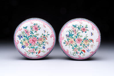 A pair of rare Chinese Canton enamel scent boxes, covers and inner liners, Qianlong