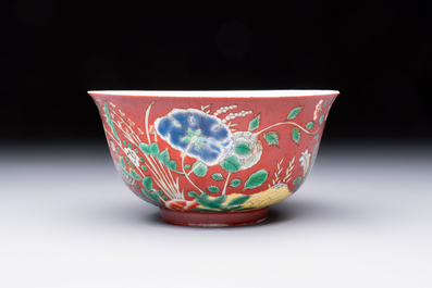 A Chinese falancai coral-red-ground bowl, Yongzheng mark, 18/19th C.