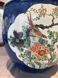 A Chinese famille verte blue-ground fishbowl with narrative design, 19th C.
