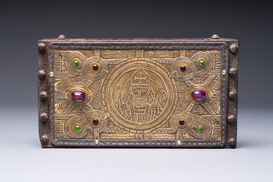 Attributed to Alfred Daguet (Paris, 1875-1942): A Gothic Revival cabochon-mounted repouss&eacute; brass and wrought iron casket, France, ca. 1900