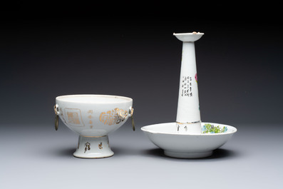 A Chinese famille rose 'Peacock' covered bowl, a candlestick and a stembowl, Guangxu mark and of the period, 19/20th C.