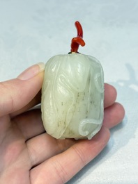 A Chinese carved jade melon-form snuff bottle with a red coral stopper, 1820-1880