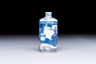 A fine Chinese blue, white and copper-red 'Tong Zi Zhi Lu 童子指路' snuff bottle, Yongzheng mark, 19th C.