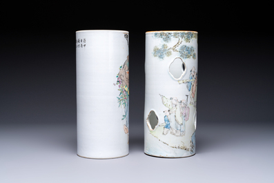 A fine Chinese qianjiang cai 'Tie Guaili' hat stand, signed Yu Huanwen 余煥文, Guanyao mark, dated 1893 and a 'Sages' hat stand, Tongzhi mark, 19th C.