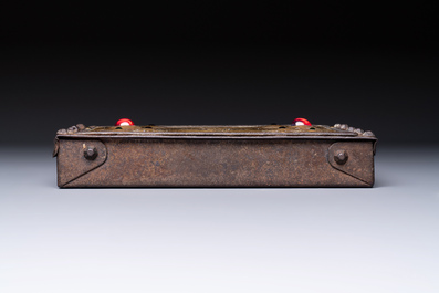 Attributed to Alfred Daguet (Paris, 1875-1942): A Gothic Revival cabochon-mounted repouss&eacute; brass and wrought iron casket, France, ca. 1900