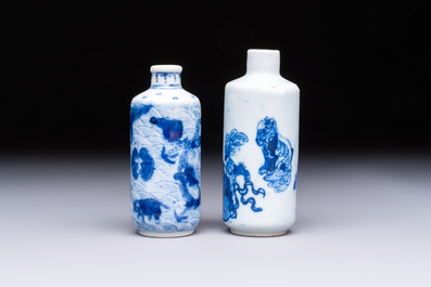 A Chinese blue and white 'Mythical Animals' snuff bottle and a 'Buddhist Lions' snuff bottle, 19th C.