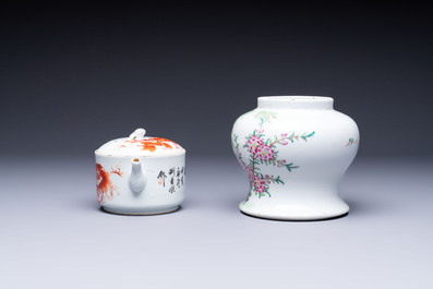 Two Chinese famille rose vases, two jars, a 'Lions' covered teapot and a Buddha, signed Mao Zirong 毛子榮 and Liu Jishun 劉吉順, 19/20th C.