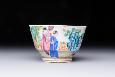 A highly unusual Chinese Canton famille rose cup and saucer, 19th C.