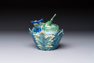 A rare polychrome Dutch Delft 'Pike' tureen and cover, 18th C.