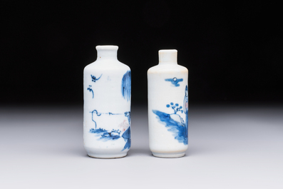 Two Chinese blue, white and copper-red snuff bottles with figural design, 19th C.