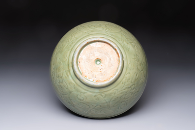 A large Chinese Longquan celadon 'Floral' bowl, Ming