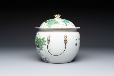 A Chinese famille rose 'Peacock' covered bowl, a candlestick and a stembowl, Guangxu mark and of the period, 19/20th C.