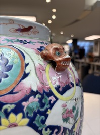 A large Chinese famille rose vase with lion-form handles and cover, 19th C.