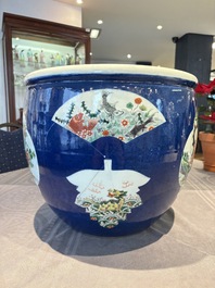 A Chinese famille verte blue-ground fishbowl with narrative design, 19th C.