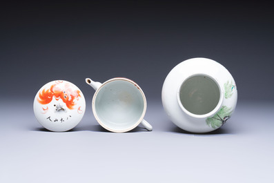 Two Chinese famille rose vases, two jars, a 'Lions' covered teapot and a Buddha, signed Mao Zirong 毛子榮 and Liu Jishun 劉吉順, 19/20th C.