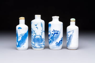 Four Chinese blue and white snuff bottles, 19th C.
