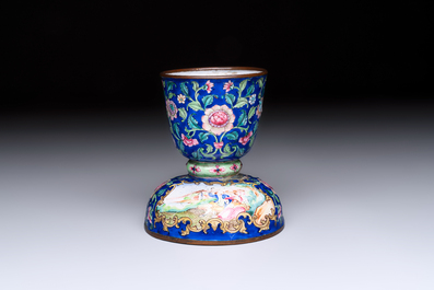 A fine Chinese Canton enamel blue-ground vase with a romantic scene, Qianlong