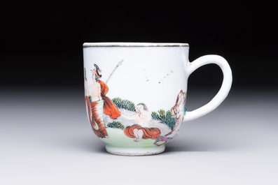 A Chinese famille rose 'Judgement of Paris' cup and saucer, Qianlong