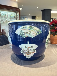 A Chinese famille verte blue-ground fishbowl with narrative design, 19th C.