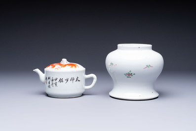 Two Chinese famille rose vases, two jars, a 'Lions' covered teapot and a Buddha, signed Mao Zirong 毛子榮 and Liu Jishun 劉吉順, 19/20th C.
