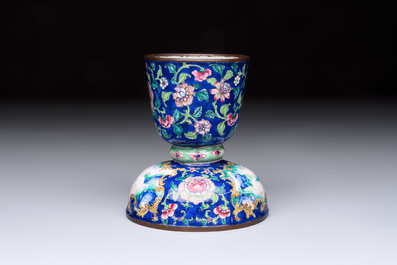A fine Chinese Canton enamel blue-ground vase with two bunnies, Qianlong