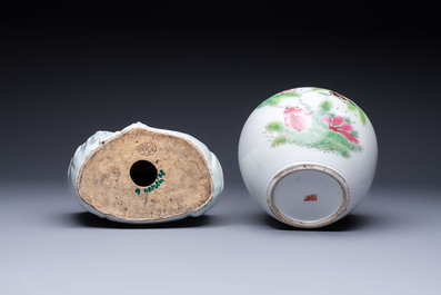 Two Chinese famille rose vases, two jars, a 'Lions' covered teapot and a Buddha, signed Mao Zirong 毛子榮 and Liu Jishun 劉吉順, 19/20th C.