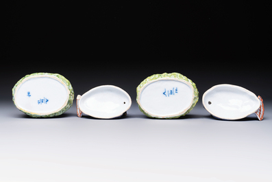 A pair of polychrome Dutch Delft 'Lapwings' tureens and covers, 18th C.