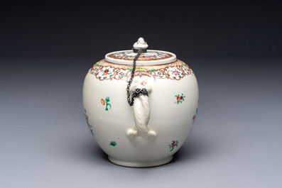 A Chinese famille rose 'Xi Xiang Ji' plate, a 'Rooster' saucer, and a 'Lowestoft' covered teapot, Yongzheng/Qianlong