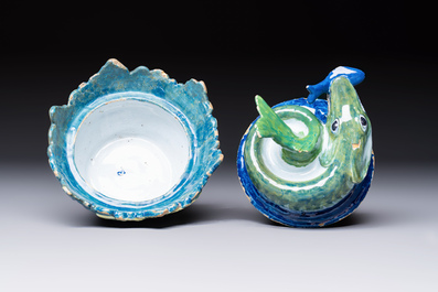 A rare polychrome Dutch Delft 'Pike' tureen and cover, 18th C.