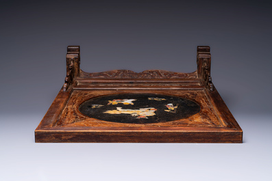 A Chinese huali and lacquer table screen embellished with stones and mother-of-pearl, Yongzheng mark, dated 1727, probably later.