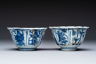 Two Chinese blue and white bowls and a 'Qilin' plate, Wanli/Transitional period