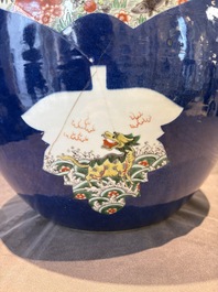 A Chinese famille verte blue-ground fishbowl with narrative design, 19th C.