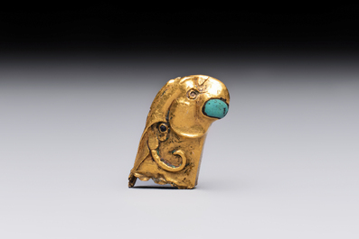A rare Chinese turquoise- and glass-inlaid gold fitting in the form of a parrot, Han