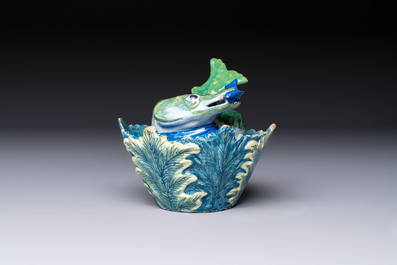 A rare polychrome Dutch Delft 'Pike' tureen and cover, 18th C.