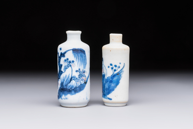Two Chinese blue, white and copper-red snuff bottles with figural design, 19th C.