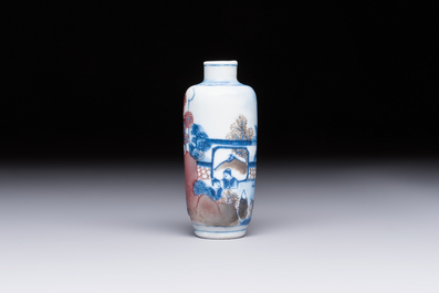 A fine Chinese blue, white and copper-red 'Yu Lou Fu Zhao 玉樓赴召' snuff bottle, 19th C.