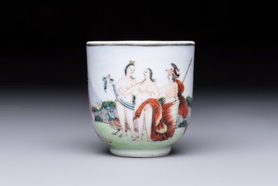 A Chinese famille rose 'Judgement of Paris' cup and saucer, Qianlong