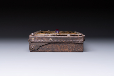 Attributed to Alfred Daguet (Paris, 1875-1942): A Gothic Revival cabochon-mounted repouss&eacute; brass and wrought iron casket, France, ca. 1900