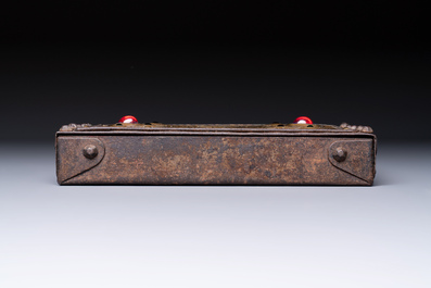 Attributed to Alfred Daguet (Paris, 1875-1942): A Gothic Revival cabochon-mounted repouss&eacute; brass and wrought iron casket, France, ca. 1900