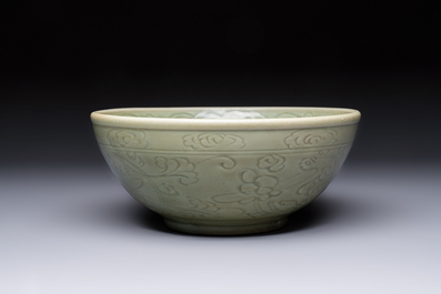 A large Chinese Longquan celadon 'Floral' bowl, Ming