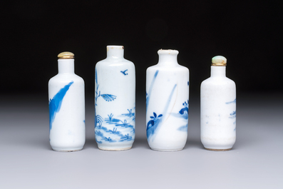 Four Chinese blue and white snuff bottles, 19th C.