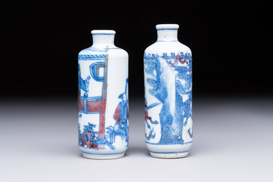 Two Chinese blue, white and copper-red snuff bottles with narrative design, 19th C.