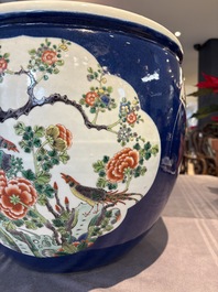 A Chinese famille verte blue-ground fishbowl with narrative design, 19th C.
